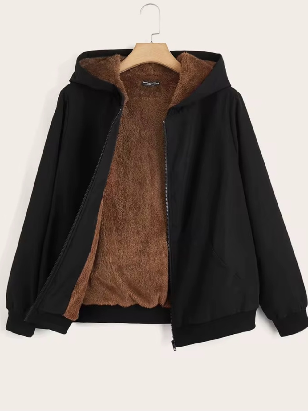 SHEIN Cozy Black Zip Up Hooded Jacket Brown Teddy Faux Fur Lining Size M 11-12Y